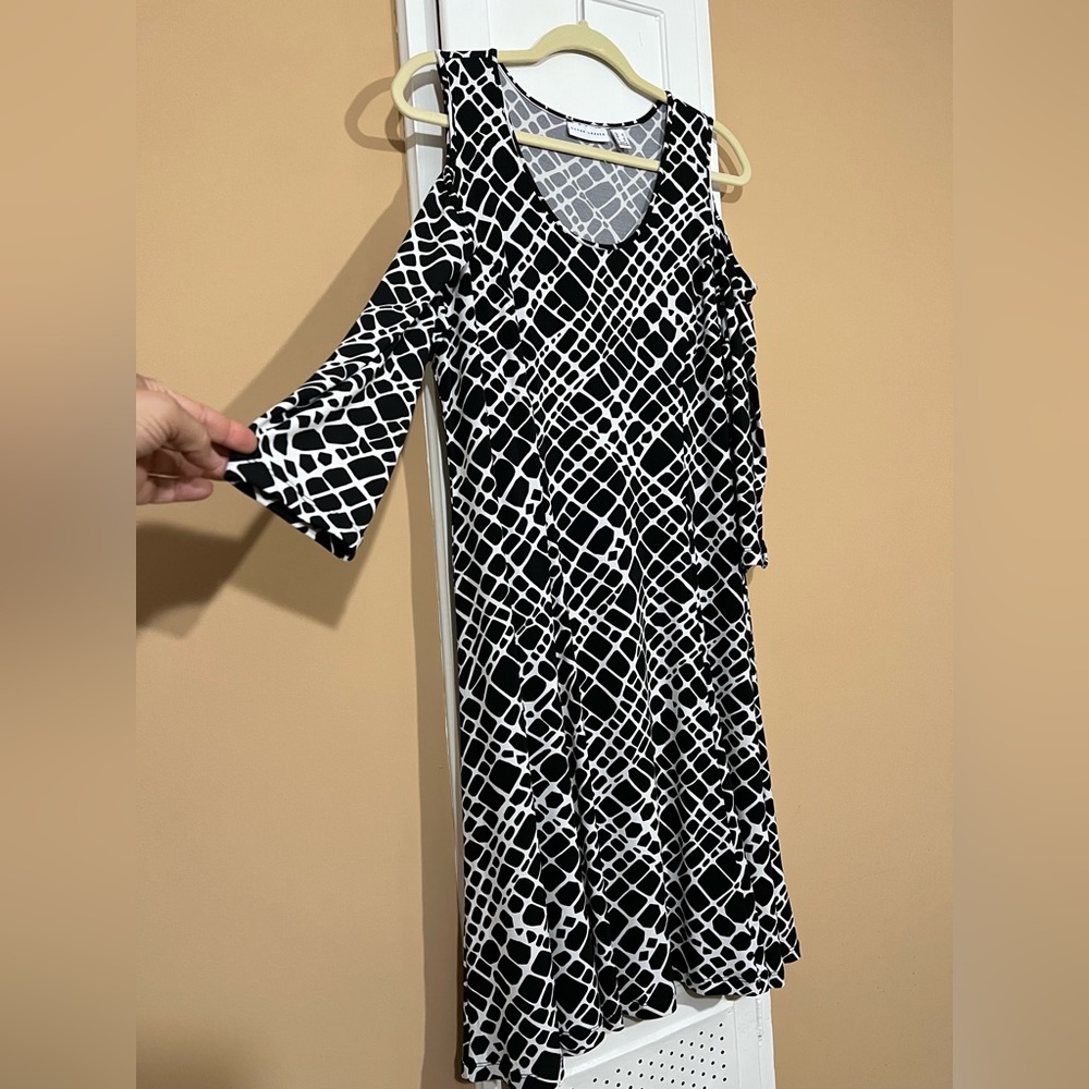 Susan Graver Liquid Knit Dress with 3/4 length cold shoulder sleeves.